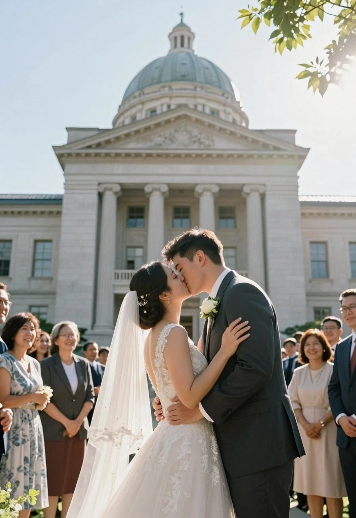 10 Courthouse Wedding Photo Ideas for Stylish Timeless Captures - 10. The First Kiss 1