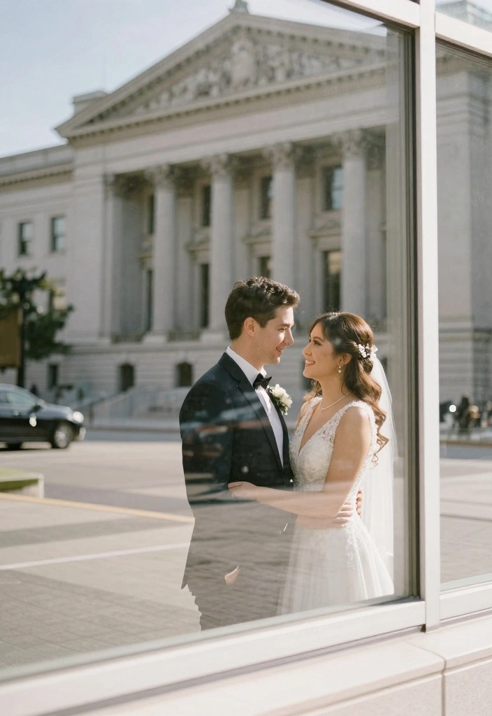 10 Courthouse Wedding Photo Ideas for Stylish Timeless Captures - 4. Play with Reflections 1