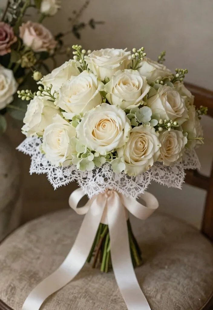10 Ribbon Bouquet Ideas for Soft Romantic Bridal Flair and Texture - 6. Delicate Lace Accents 1