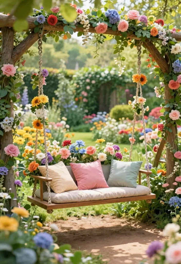10 Wedding Anniversary Backdrop Ideas for Elegant Celebration Photos - 7. Garden Swing Surrounded by Flowers 1