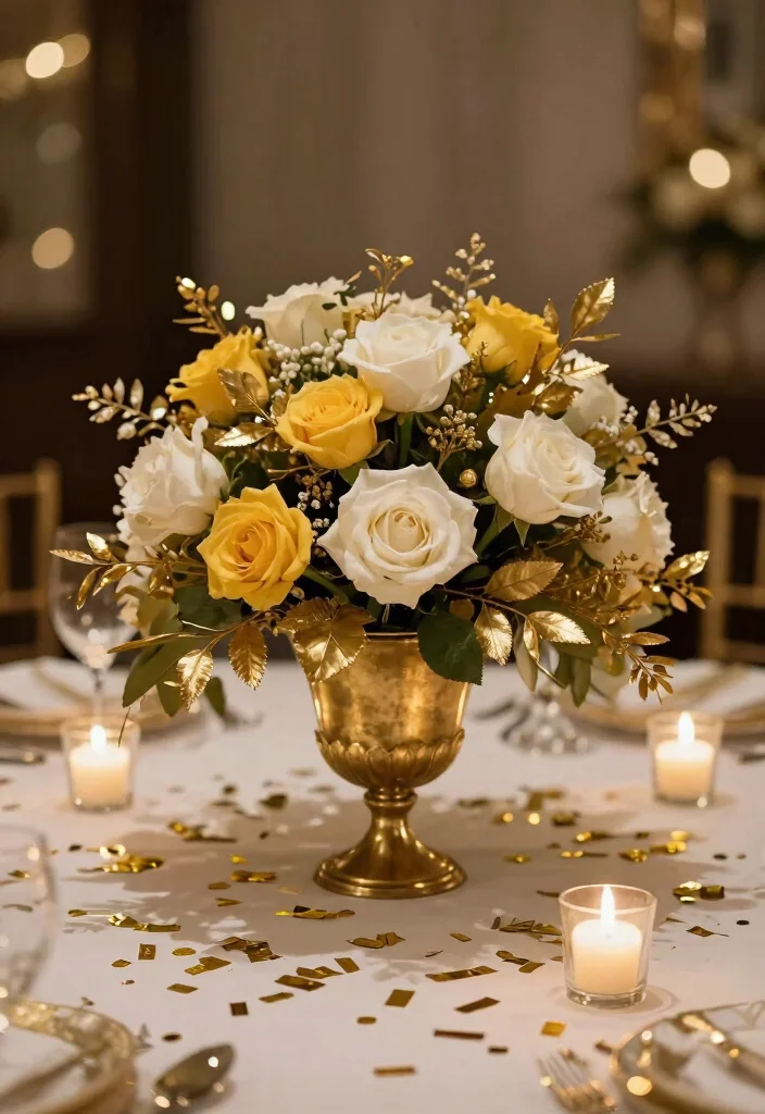 12 50th Anniversary Centerpiece Ideas for Elegant Golden Celebration Style - 1. Golden Floral Arrangements 1