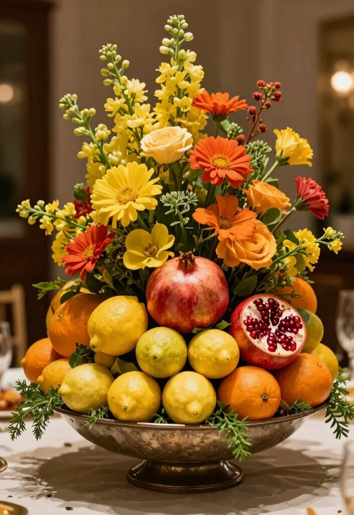 12 50th Anniversary Centerpiece Ideas for Elegant Golden Celebration Style - 10. Fruit and Floral Combination 1