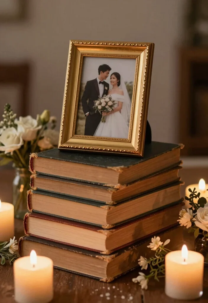 12 50th Anniversary Centerpiece Ideas for Elegant Golden Celebration Style - 4. Vintage Books and Frames 1