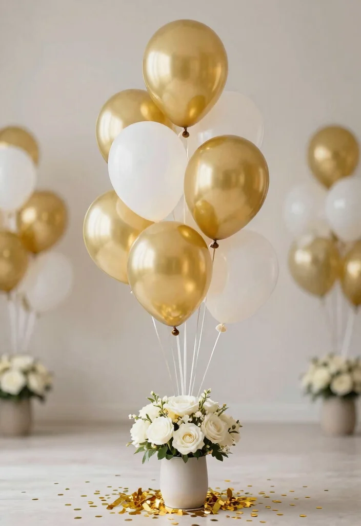 12 50th Anniversary Centerpiece Ideas for Elegant Golden Celebration Style - 7. Gold and White Themed Balloons 1