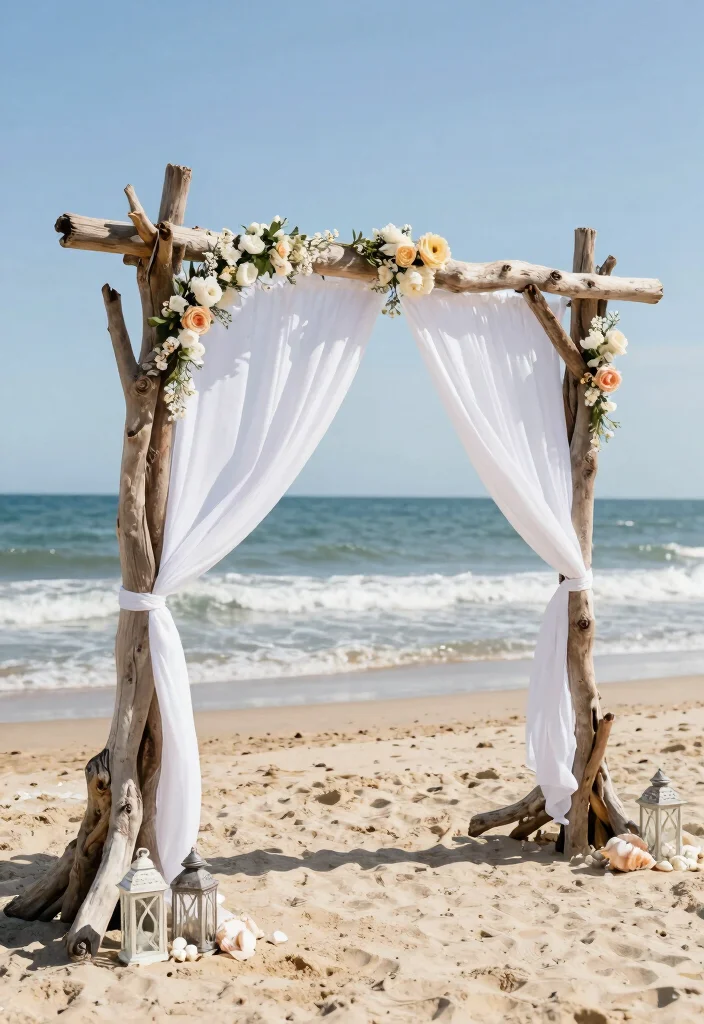 12 Beach Wedding Backdrop Ideas for Breezy Romantic Coastal Vibes - 1. Driftwood Elegance 1