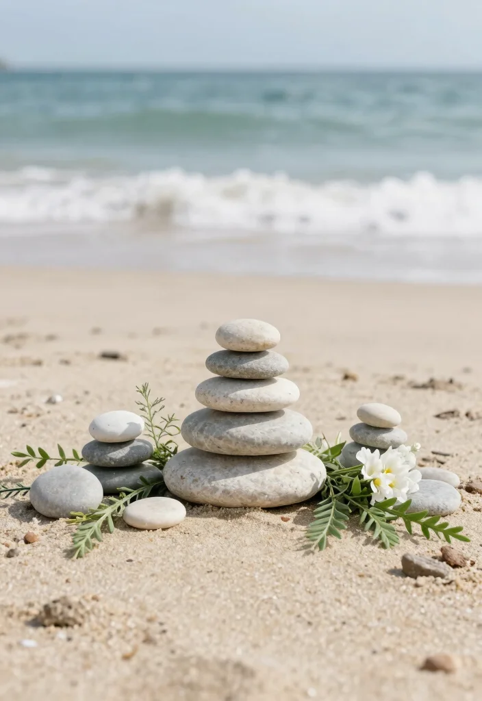 12 Beach Wedding Backdrop Ideas for Breezy Romantic Coastal Vibes - 10. Minimalist Stone Arrangement 1