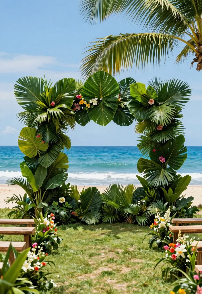 12 Beach Wedding Backdrop Ideas for Breezy Romantic Coastal Vibes - 4. Tropical Leaf Backdrop 1