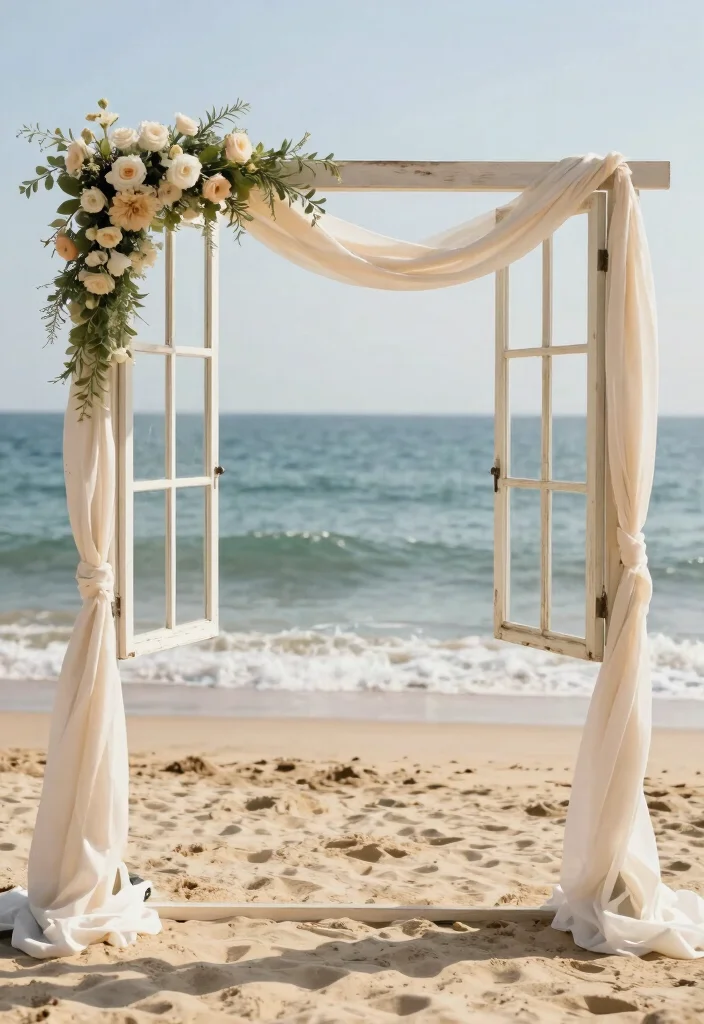 12 Beach Wedding Backdrop Ideas for Breezy Romantic Coastal Vibes - 7. Vintage Window Frame 1