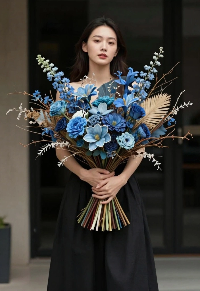 12 Blue Prom Bouquet Ideas for Cool Chic and Trendy Dance Night Looks - 10. Artistic Blue Floral Collage 1