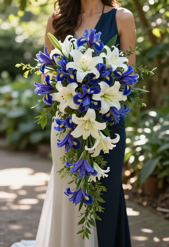 12 Blue Prom Bouquet Ideas for Cool Chic and Trendy Dance Night Looks - 2. Blue & White Floral Cascade 1