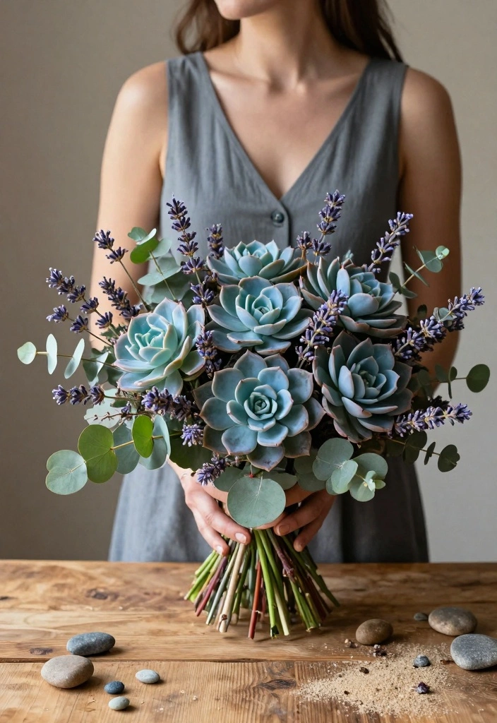 12 Blue Prom Bouquet Ideas for Cool Chic and Trendy Dance Night Looks - 3. Blue Succulent and Flower Fusion 1