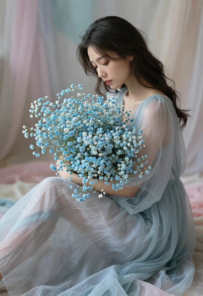 12 Blue Prom Bouquet Ideas for Cool Chic and Trendy Dance Night Looks - 4. Soft Sky-Blue Baby's Breath Bouquet 1
