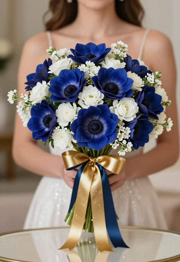 12 Blue Prom Bouquet Ideas for Cool Chic and Trendy Dance Night Looks - 5. Navy Blue Anemone and Gold Touches 1