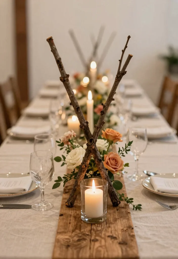 12 Christian Wedding Decoration Ideas for Elegant Sacred Ceremony Style - 5. Crossed Branch Centerpieces 1