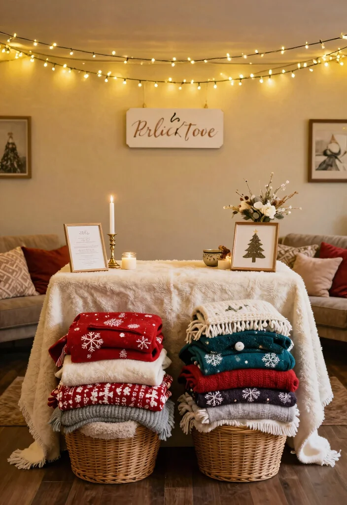 12 Christmas Bridal Shower Ideas for Festive Cozy Holiday Ready Decor - 5. Cozy Blanket Station for Guests 1