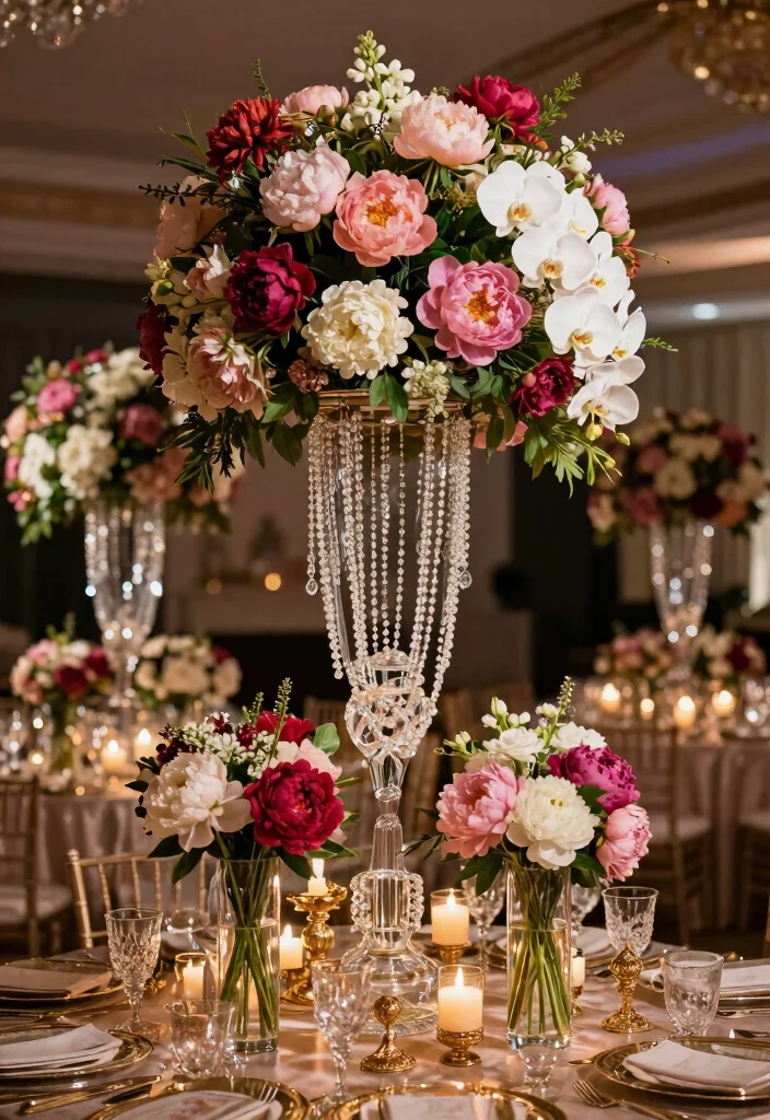 12 Great Gatsby Centerpiece Ideas for Glam Vintage and Art Deco Style - 1. Vintage Glam Flower Towers 1