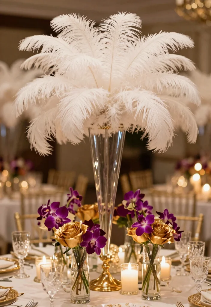 12 Great Gatsby Centerpiece Ideas for Glam Vintage and Art Deco Style - 3. Feathered Fantasies 1