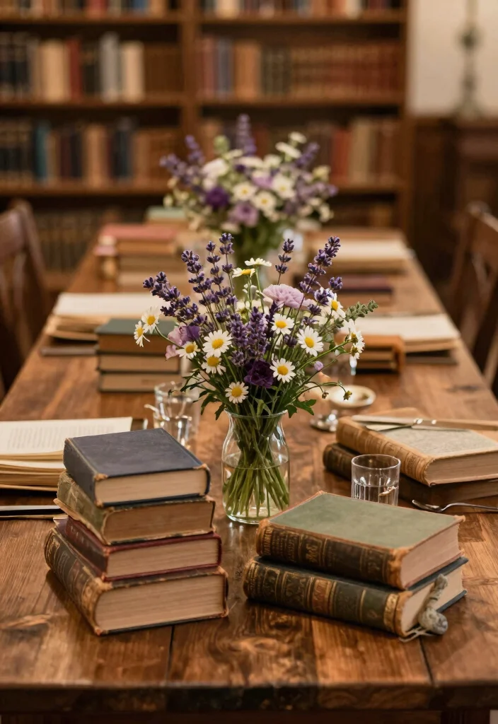 12 Great Gatsby Centerpiece Ideas for Glam Vintage and Art Deco Style - 4. Vintage Books and Blooms 1