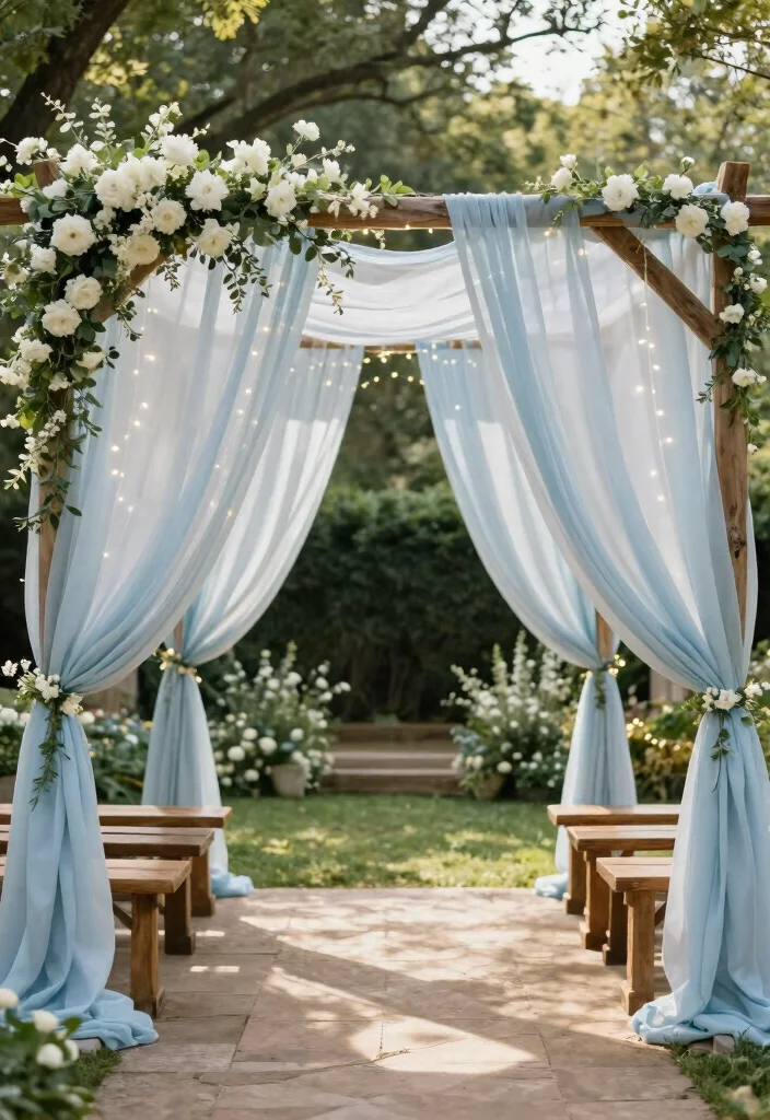 12 Light Blue Wedding Backdrop Ideas for Soft Romantic Decor Themes - 1. Elegant Draped Canopy 1