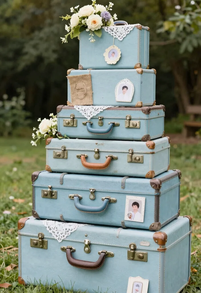 12 Light Blue Wedding Backdrop Ideas for Soft Romantic Decor Themes - 10. Vintage Suitcase Display 1