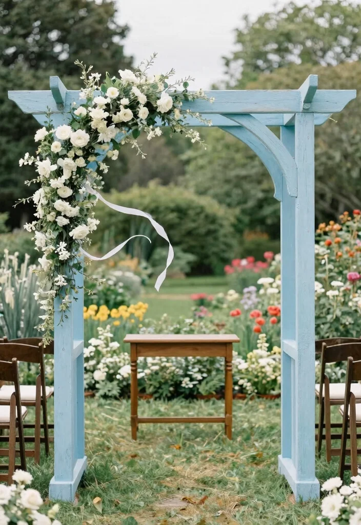 12 Light Blue Wedding Backdrop Ideas for Soft Romantic Decor Themes - 2. Rustic Wooden Archway 1