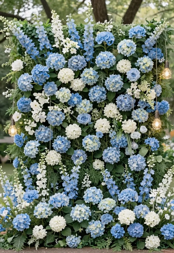 12 Light Blue Wedding Backdrop Ideas for Soft Romantic Decor Themes - 3. Floral Wall of Soft Blues 1