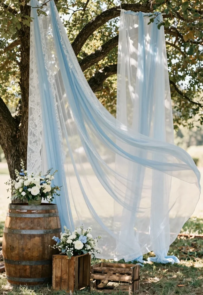 12 Light Blue Wedding Backdrop Ideas for Soft Romantic Decor Themes - 4. Vintage Blue Fabric 1