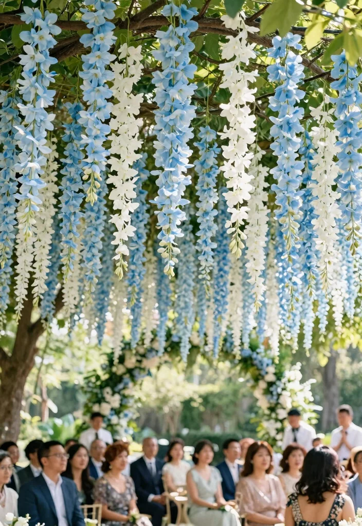 12 Light Blue Wedding Backdrop Ideas for Soft Romantic Decor Themes - 9. Hanging Floral Installation 1