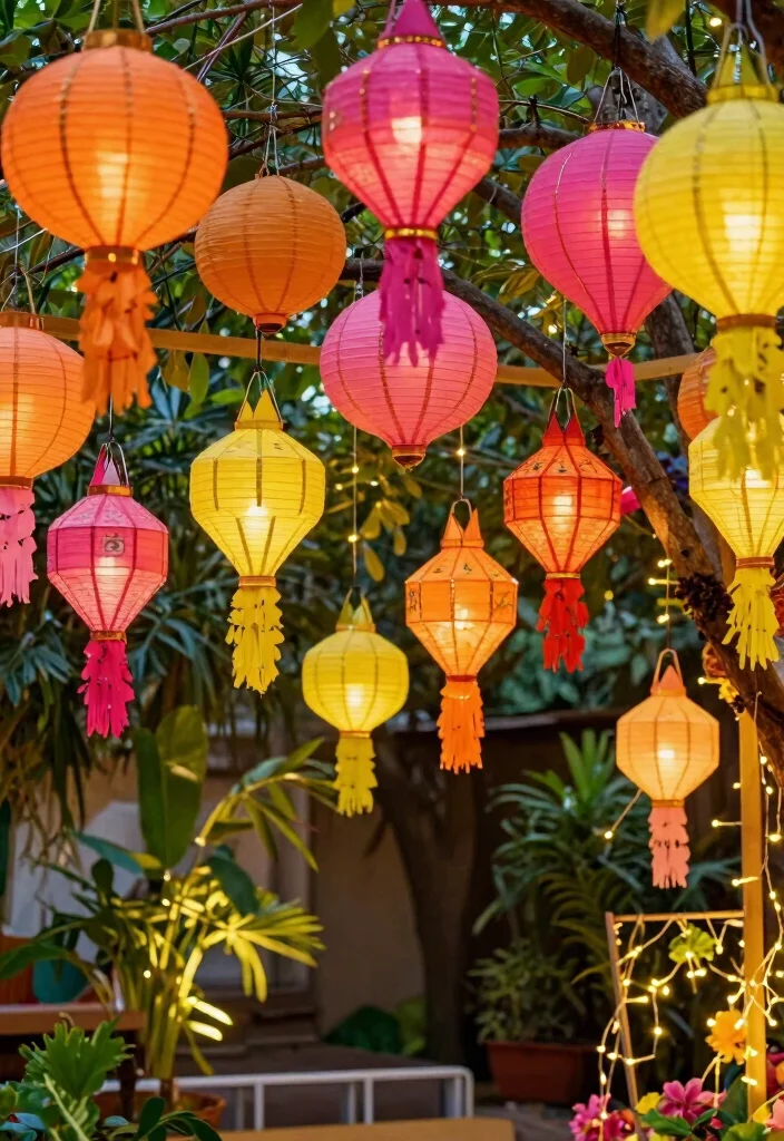 12 Mehendi Backdrop Ideas for Colorful Artistic and Insta Ready Decor - 5. Colorful Paper Lanterns 1