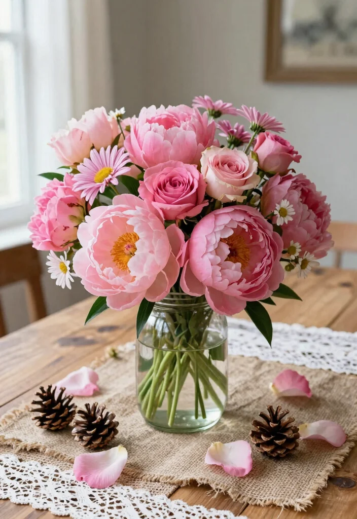 12 Pink Bridal Shower Ideas for Cute Elegant and On Theme Decor - 1. Rustic Pink Floral Centerpieces 1