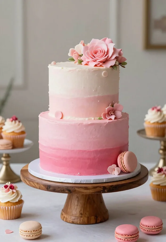 12 Pink Bridal Shower Ideas for Cute Elegant and On Theme Decor - 2. Pink Ombre Cake Display 1
