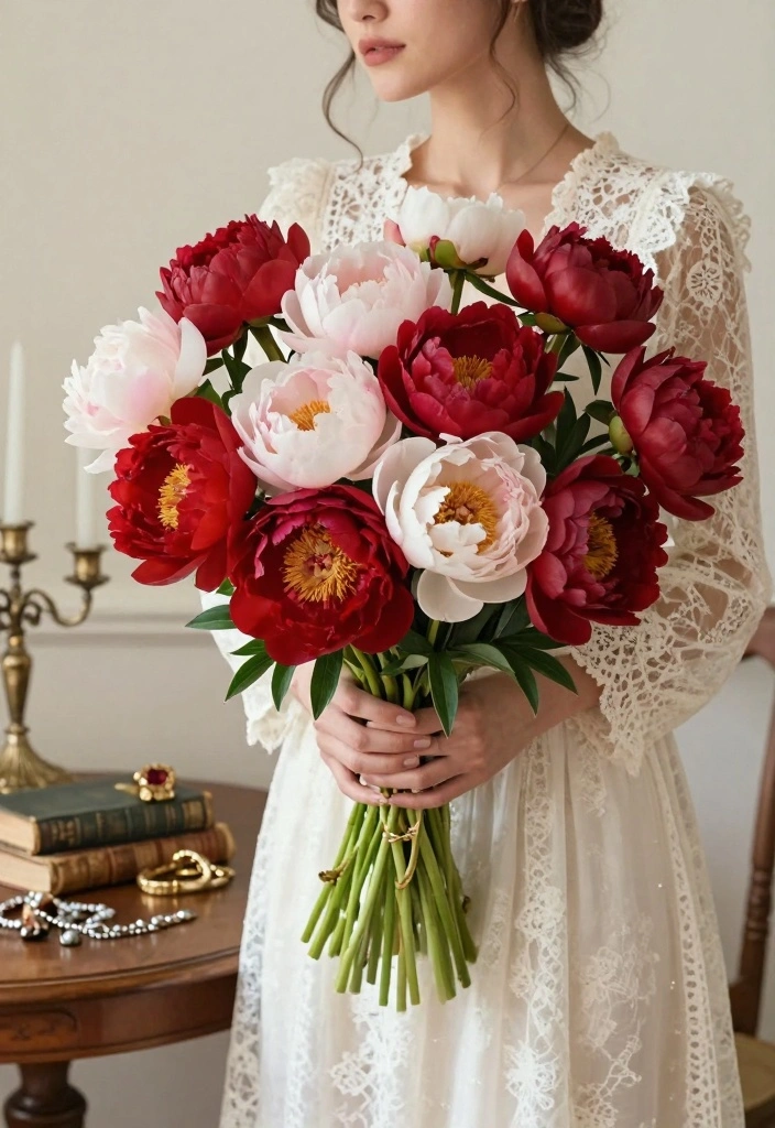 12 Red Prom Bouquet Ideas for Bold Elegance and Photo Perfect Style - 3. Vintage Charm with Peonies 1
