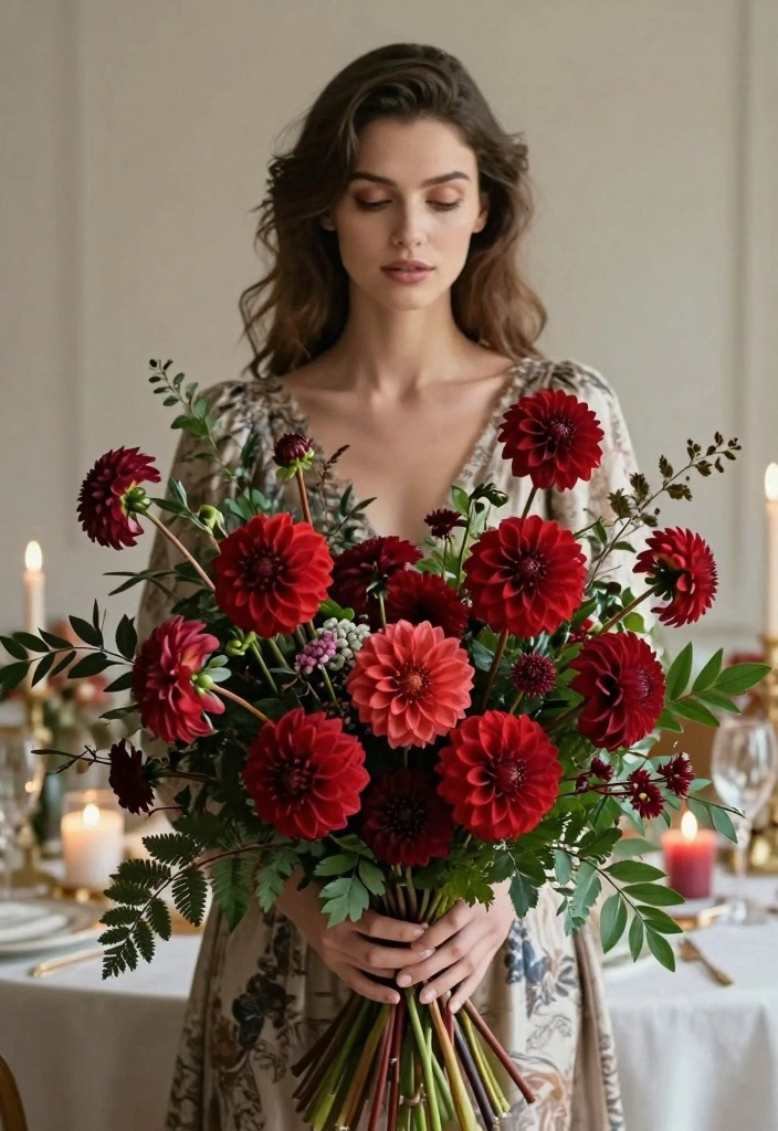 12 Red Prom Bouquet Ideas for Bold Elegance and Photo Perfect Style - 6. Romantic Red Dahlia Delight 1