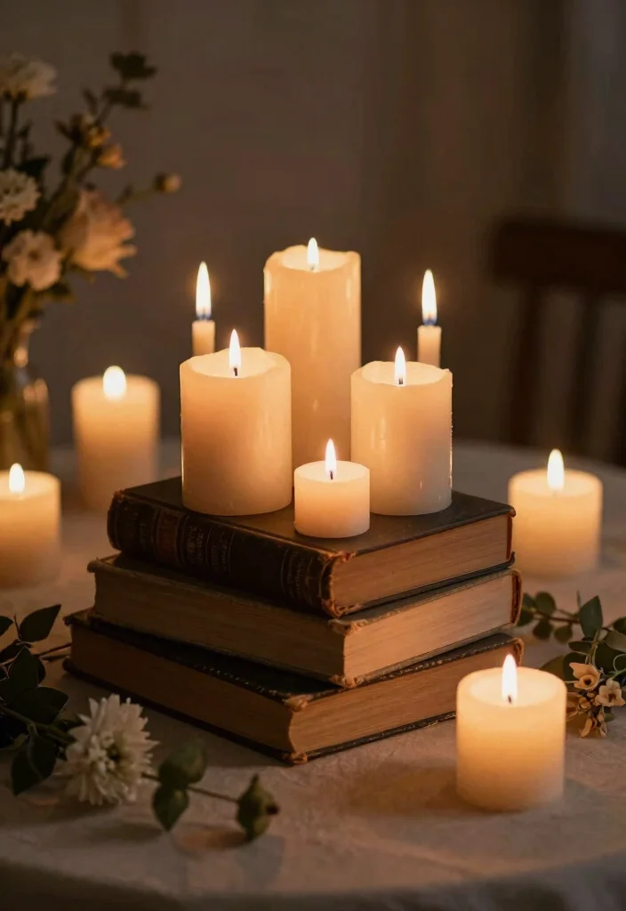 12 Valentines Table Centerpiece Ideas for Romantic and Sweet Dinner Decor - 3. Candles and Vintage Books 1