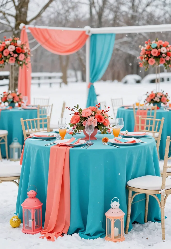 12 Winter Wedding Color Palette Ideas for Romantic Snowy Themes - 12. Coral and Turquoise 1