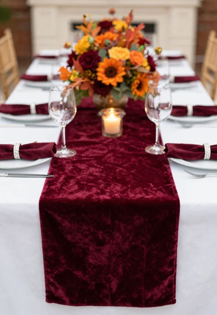 14 Fall Wedding Centerpiece Ideas for Warm Cozy and Seasonal Tablescapes - 11. Luxurious Velvet Accents 1