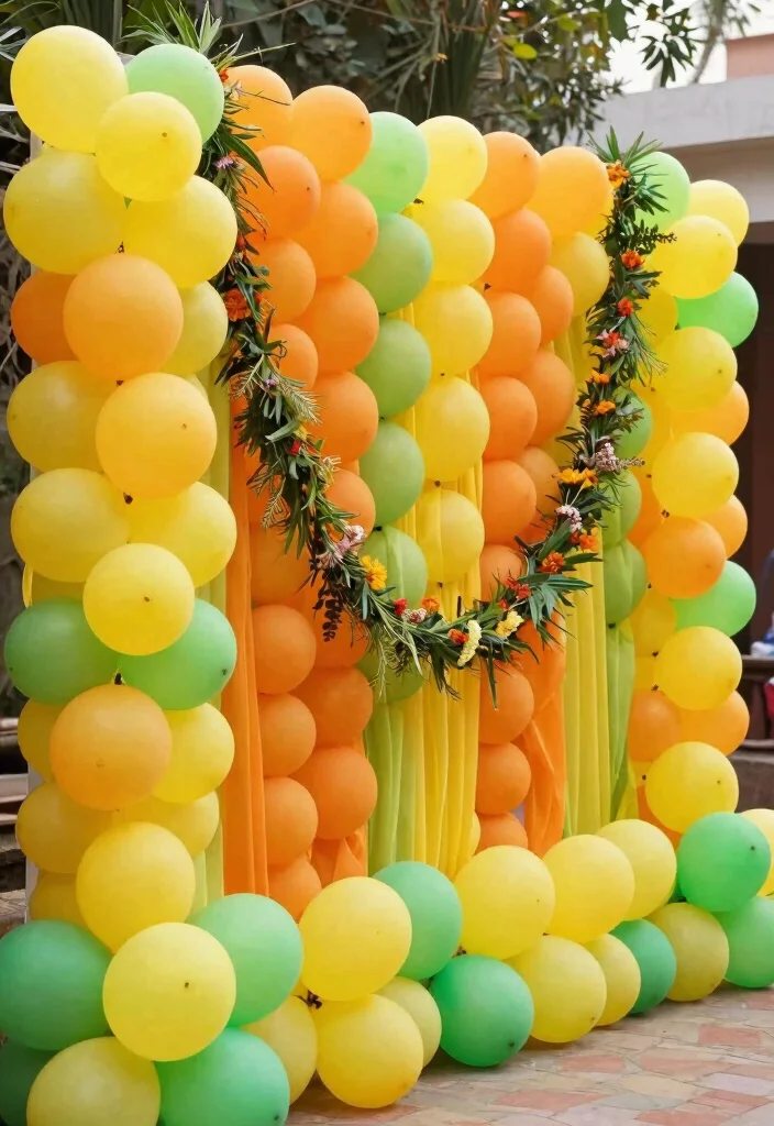14 Haldi Backdrop Ideas for Bright Festive and Photo Ready Rituals - 10. Balloon Garland with Natural Elements 1