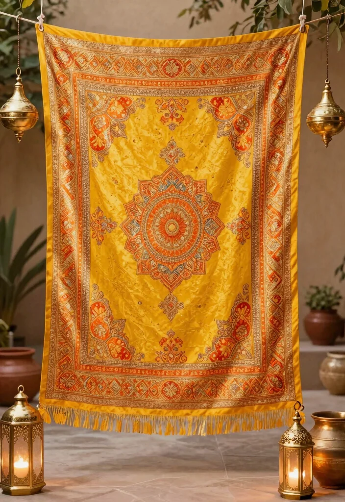 14 Haldi Backdrop Ideas for Bright Festive and Photo Ready Rituals - 3. Traditional Indian Tapestry 1