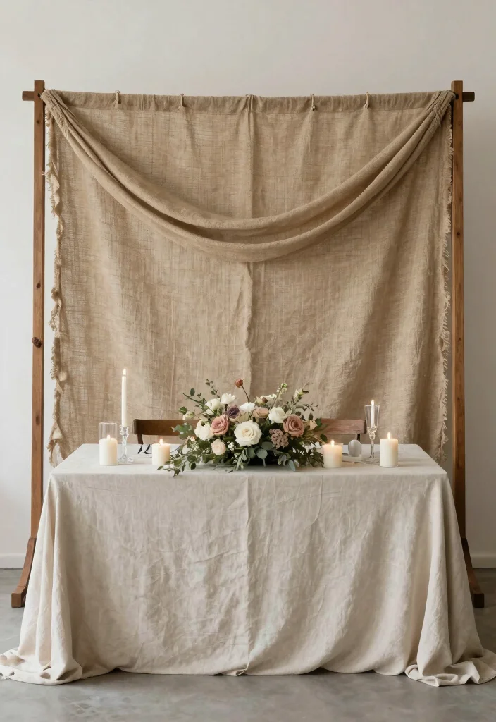 14 Wedding Head Table Backdrop Ideas for a Beautiful Reception Display - 10. Simple Rustic Tablecloth Backdrop 1