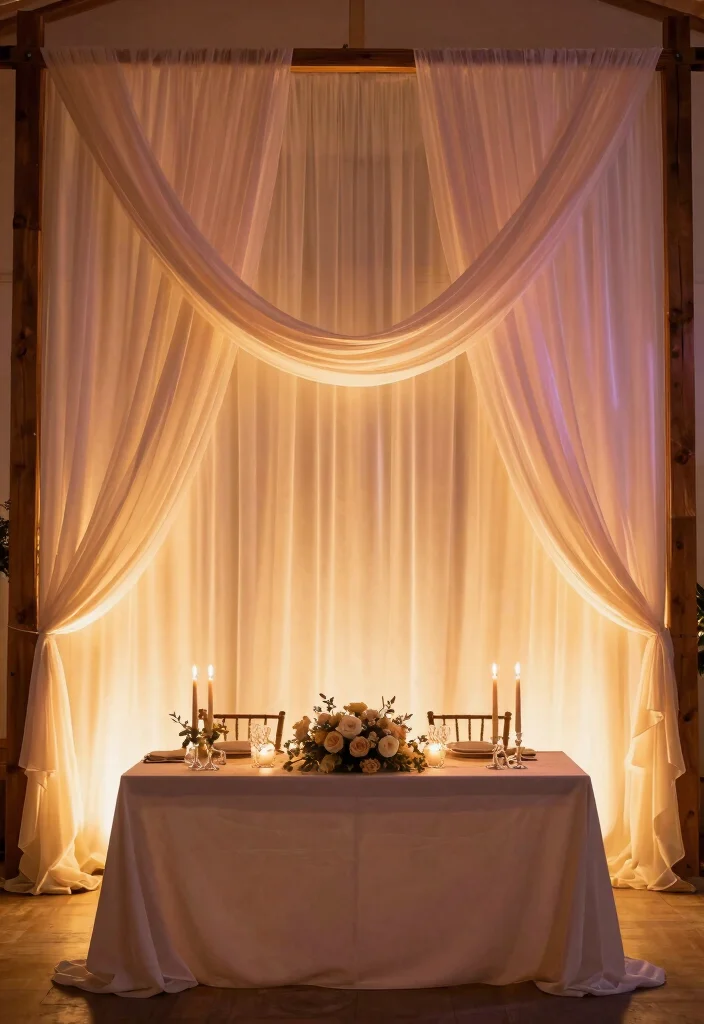 14 Wedding Head Table Backdrop Ideas for a Beautiful Reception Display - 13. Lighted Fabric Drapes 1