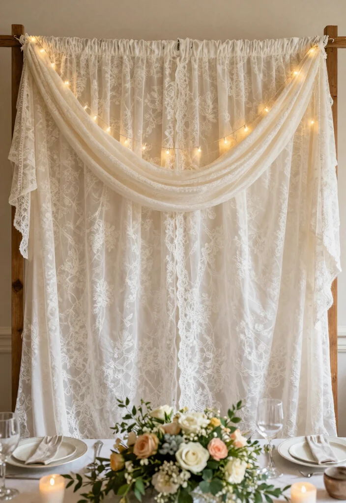 14 Wedding Head Table Backdrop Ideas for a Beautiful Reception Display - 3. Vintage Lace and Fabric 1