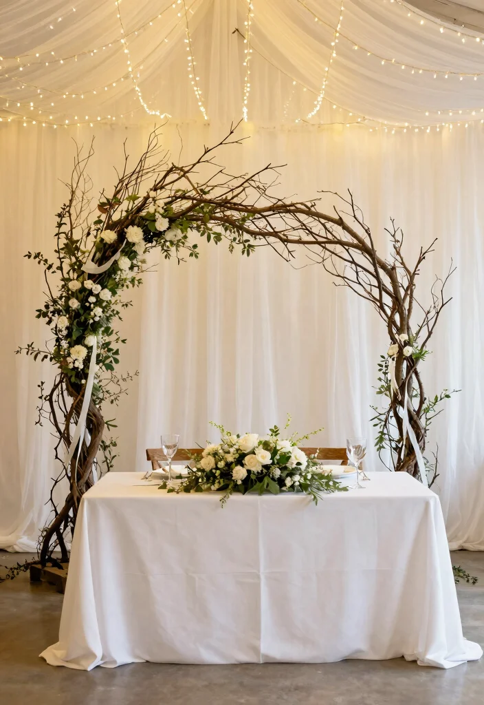 14 Wedding Head Table Backdrop Ideas for a Beautiful Reception Display - 6. Branch and Floral Structure 1