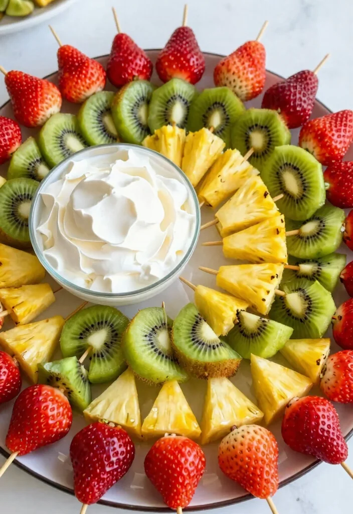 16 Bridal Shower Food Ideas for Easy Elegant and Crowd Pleasant Bites - 9. Fruit Skewers with Coconut Whipped Cream 1