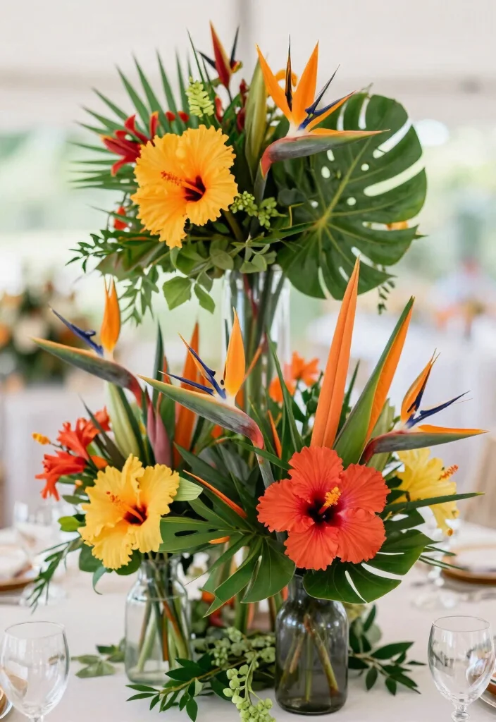 16 Floral Centerpiece Ideas for Fresh Elegant and Versatile Event Styling 111 16 Floral Centerpiece Ideas for Fresh Elegant and Versatile Event Styling - 11. Bold and Bright Tropical Florals 1