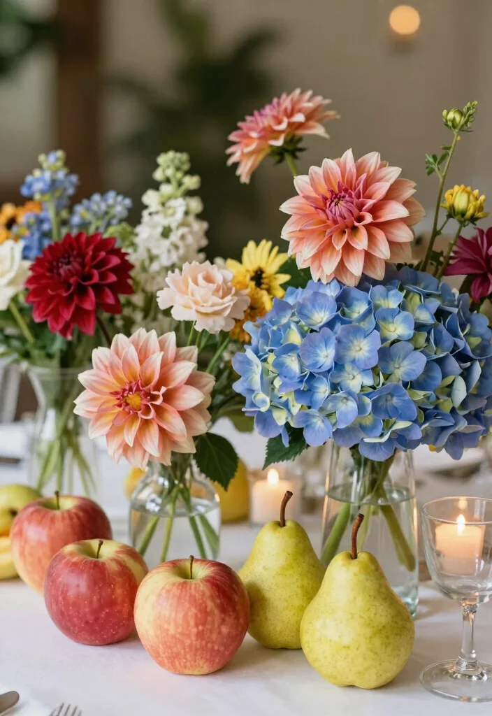 16 Spring Wedding Centerpiece Ideas for Fresh Bloom Filled Seasonal Style - 13. Seasonal Blooms with Fruit Accents 1