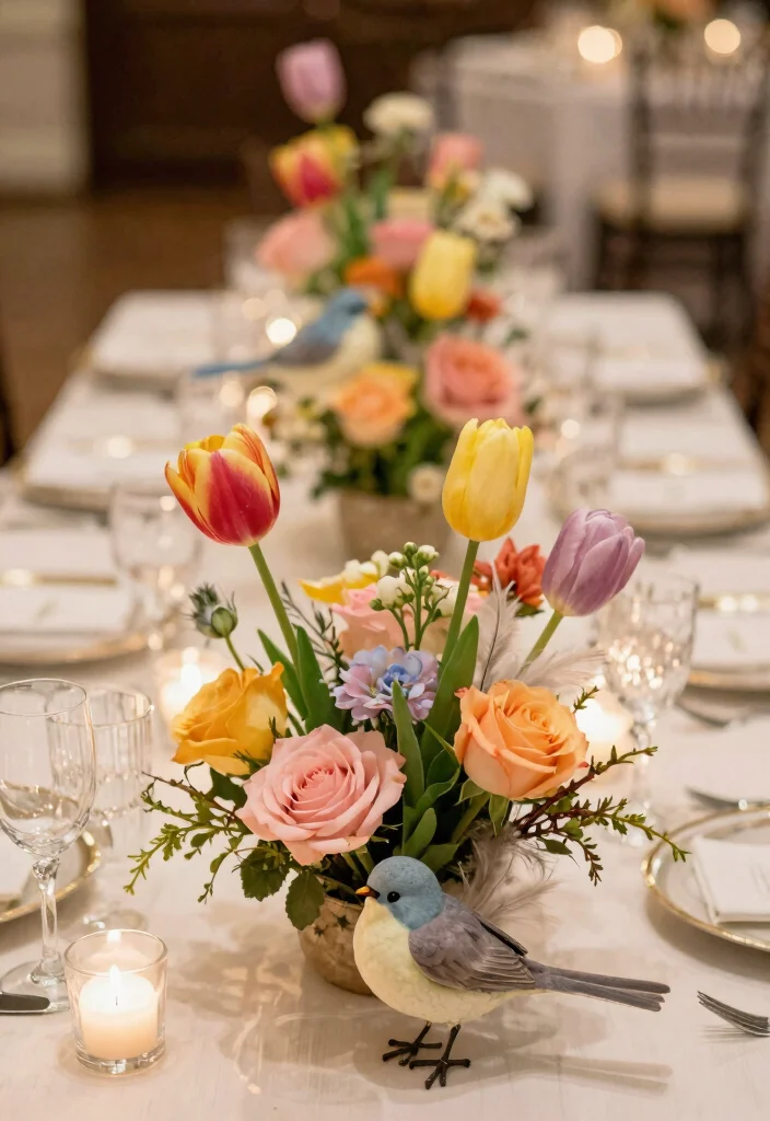 16 Spring Wedding Centerpiece Ideas for Fresh Bloom Filled Seasonal Style - 6. Whimsical “Love Bird” Centerpieces 1