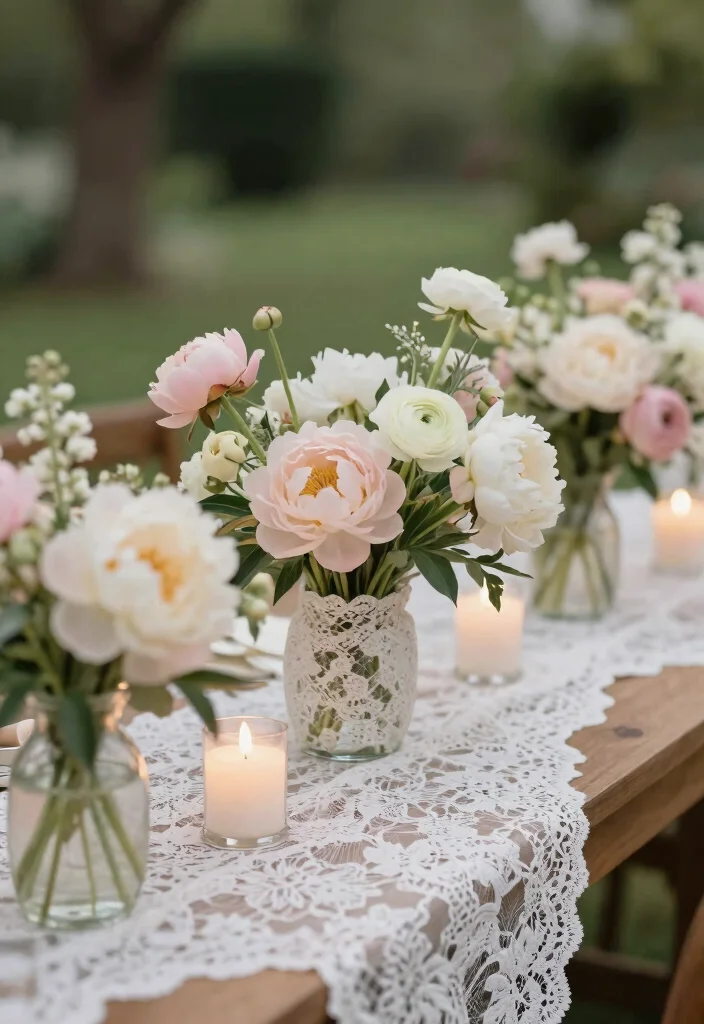 16 Spring Wedding Centerpiece Ideas for Fresh Bloom Filled Seasonal Style - 8. Lace and Floral Harmony 1