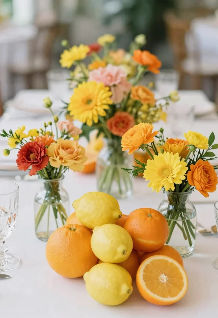 16 Spring Wedding Centerpiece Ideas for Fresh Bloom Filled Seasonal Style - 9. Fruit and Floral Fusion 1